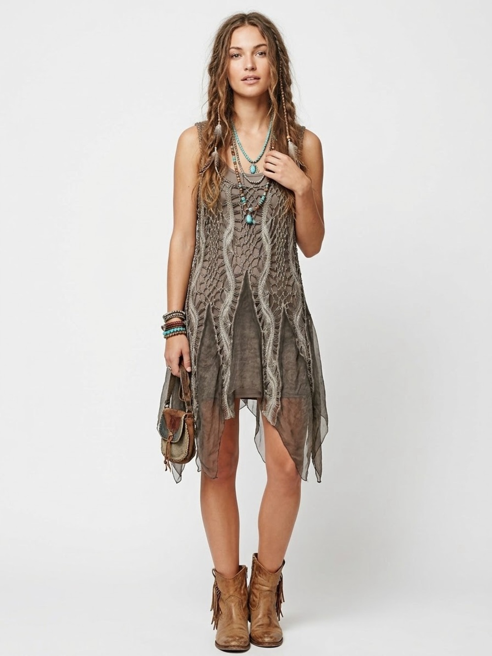 Boho Goblincore Silk Crochet Dress Sheer Mini Dress Earthy Fairy Grunge Hobbit